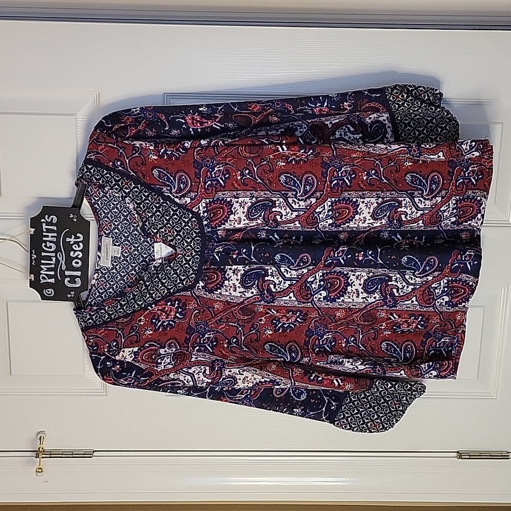 Dress Barn Blouse Medium New Navy Blue Red Ivory Paisley